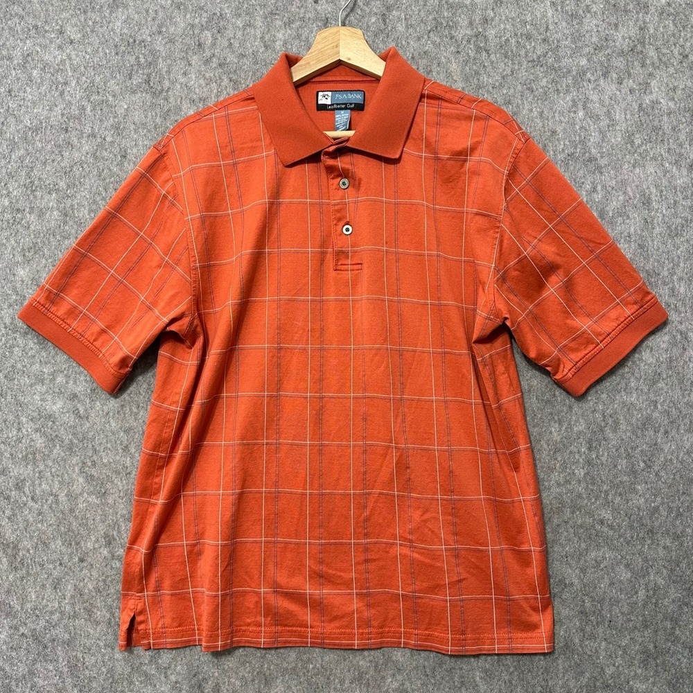 Jos A Bank Leadbetter Golf Polo Shirt Mens Sz M Orange Plaid Cotton Short Sleeve